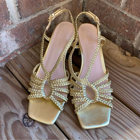 J Crew Shoes 9 Layne Braided Sandal Heels Metallic Leather Gold - Picture 2 of 11